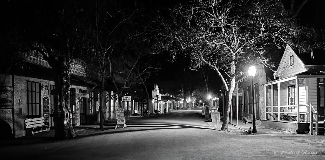 Columbia main street at night in black and white
