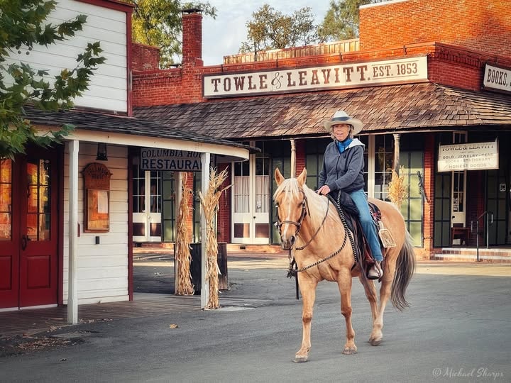 Rider on horseback outside Towle and Leavitt on Columbia's Main Street
